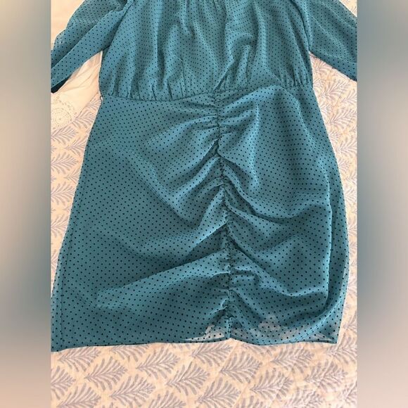 vintage I Love Ronson teal dress black polka dot ruched detail size xl - Picture 9 of 11